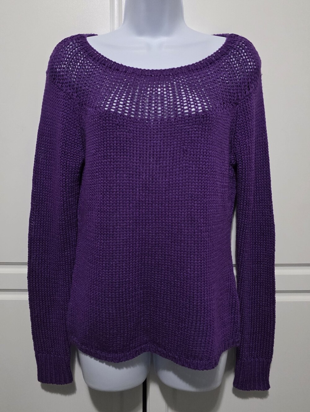 Lauren Ralph Lauren Womens Purple Open Knit Yoke Pull Over Boat Neck Sweater